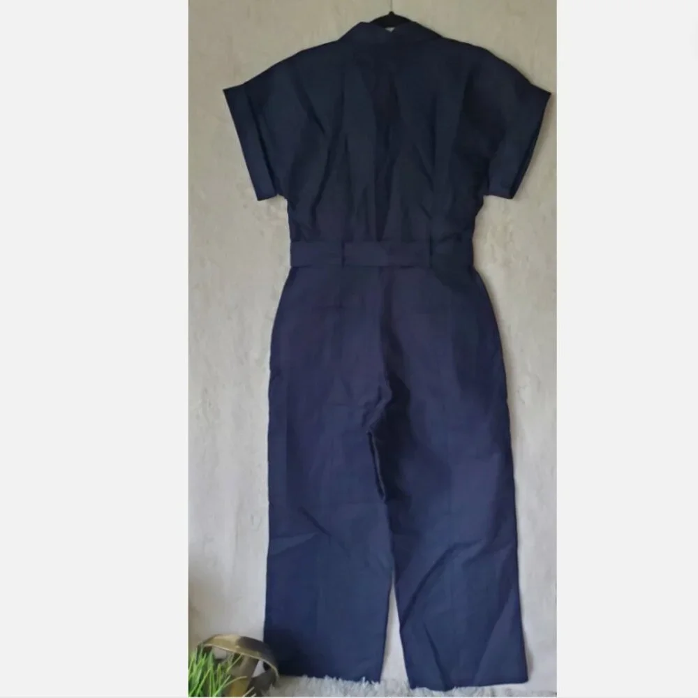 Banana Repubic Linen-Blend Belted Jumpsuit Navy Blue Size LARGE #705878 NWT $150